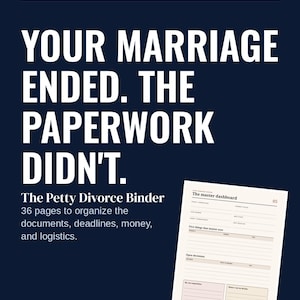 May include: A dark blue informational graphic titled 01 / DIVORCE THE NOPE DEPARTMENT. Text reads: YOUR MARRIAGE ENDED. THE PAPERWORK DIDN'T. The Petty Divorce Binder 36 pages to organize the documents, deadlines, money, and logistics.