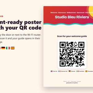 May include: A print-ready poster featuring the text Studio Bleu Riviera, a yellow sun, and a QR code. The design includes the text Scan for your welcome guide, along with small national flags and the website getstayhello.com/g/demo.