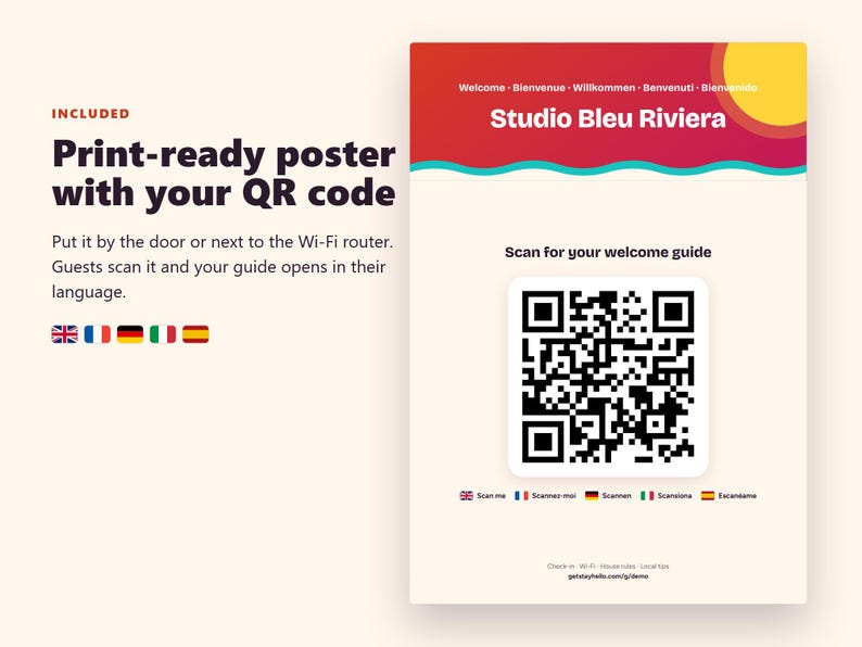 May include: A print-ready poster featuring the text Studio Bleu Riviera, a yellow sun, and a QR code. The design includes the text Scan for your welcome guide, along with small national flags and the website getstayhello.com/g/demo.