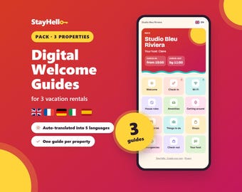 Digital Welcome Book Pack for 3 Airbnb Rentals, Auto-Translated in 5 Languages, QR Code Guest Guides