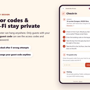 May include: A smartphone screen displaying a check-in interface for Studio Bleu Riviera. The text reads Safe by Design, Door codes & Wi-Fi stay private, and provides instructions for guests to enter a 4-digit code to access secure information.