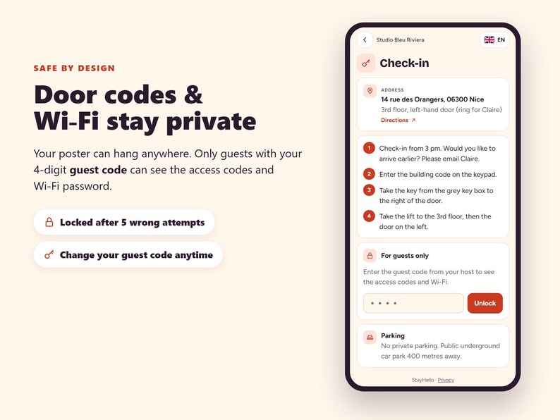 May include: A smartphone screen displaying a check-in interface for Studio Bleu Riviera. The text reads Safe by Design, Door codes & Wi-Fi stay private, and provides instructions for guests to enter a 4-digit code to access secure information.