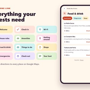 May include: A digital interface display featuring the text All In One Link and Everything your guests need. A smartphone screen shows a Food & drink menu with listings for La Petite Socca, Le Comptoir Bleu, and Trattoria del Porto.