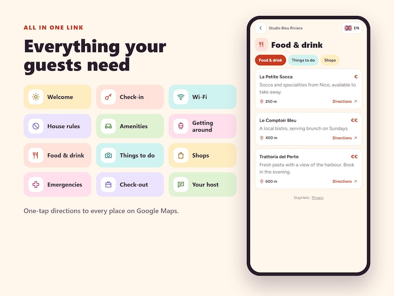 May include: A digital interface display featuring the text All In One Link and Everything your guests need. A smartphone screen shows a Food & drink menu with listings for La Petite Socca, Le Comptoir Bleu, and Trattoria del Porto.