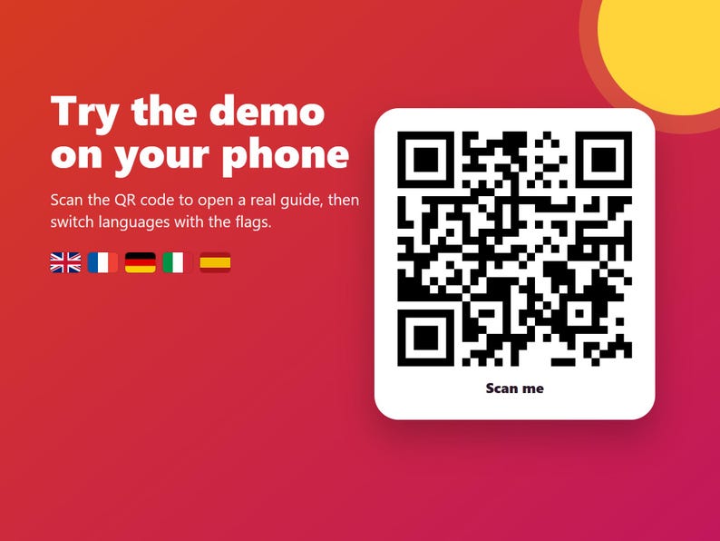 May include: A red background features white text reading Try the demo on your phone and Scan the QR code to open a real guide, then switch languages with the flags. A black and white QR code with the text Scan me is displayed.