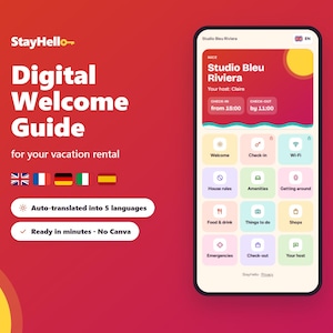 May include: A digital welcome guide for vacation rentals displayed on a smartphone screen. The interface features a red header with the text Studio Bleu Riviera, check-in and check-out times, and a grid of pastel-coloured icons for guest information.