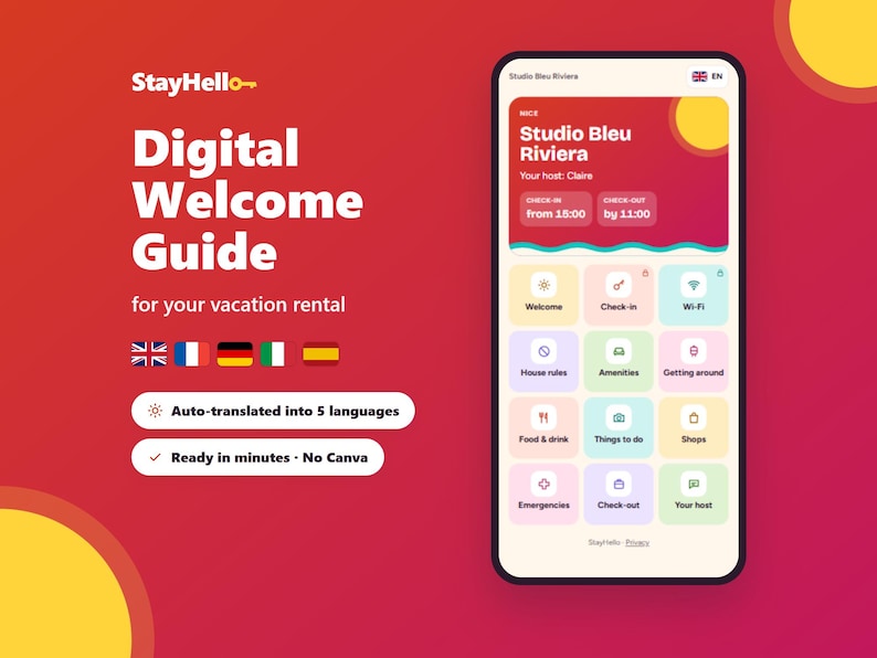 May include: A digital welcome guide for vacation rentals displayed on a smartphone screen. The interface features a red header with the text Studio Bleu Riviera, check-in and check-out times, and a grid of pastel-colored icons for guest information.