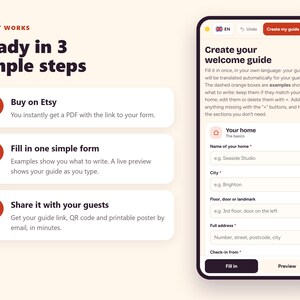 May include: An infographic titled How it works, Ready in 3 simple steps, listing Buy on Etsy, Fill in one simple form, and Share it with your guests. Next to it, a smartphone screen displays a Create your welcome guide form with input fields.