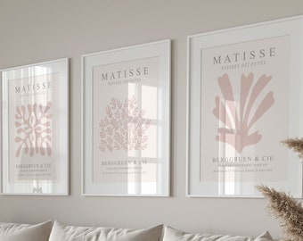 3 matisse prints, matisse print set of 3, set of 3 matisse prints, neutral wall art, neutral prints, neutral wall prints, pink prints, leaf,