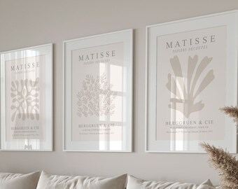 3 matisse prints, matisse print set of 3, set of 3 matisse prints, neutral wall art, neutral prints, neutral wall prints, beige prints,