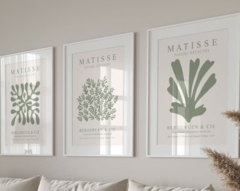 3 matisse prints, matisse print set of 3, set of 3 matisse prints, neutral wall art, neutral prints, neutral wall prints, green prints, leaf