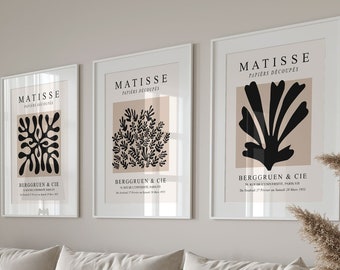 3 matisse prints, matisse print set of 3, set of 3 matisse prints, neutral wall art, neutral prints, neutral wall prints, black and beige,