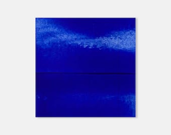 Original Modern Minimalist Abstract Painting, Ultramarine Blue Monochrome Expressionist Art, Small Square Artwork With Mat Ready For Framing