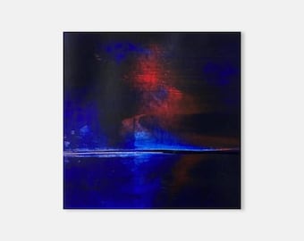 Small Abstract Expressionist Painting, Ultramarine Blue Red Original Artwork, Acrylic On Paper, White Mount, Moody Dark Minimalist Wall Art