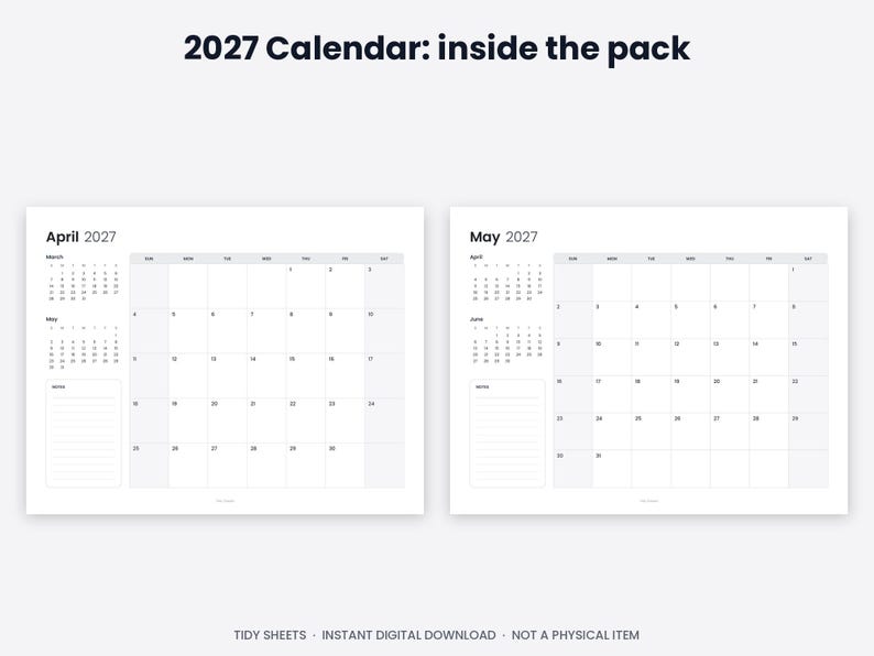 Minimalistisk väggkalender 2027, året i korthet, söndag/måndag start (digital nedladdning) bild 5