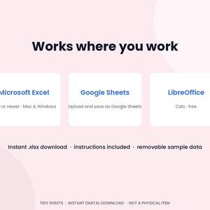 May include: A digital product graphic with the text Works where you work. Three white boxes list Microsoft Excel 2010 or newer, Google Sheets, and LibreOffice. Below, text reads Instant .xlsx download, instructions included, removable sample data.