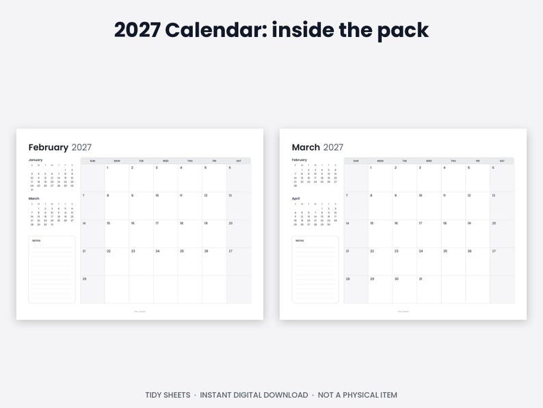 Minimalistisk väggkalender 2027, året i korthet, söndag/måndag start (digital nedladdning) bild 4