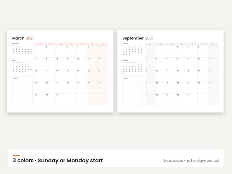 Minimalistisk väggkalender 2027, året i korthet, söndag/måndag start (digital nedladdning) bild 2