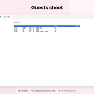 May include: A digital guest list spreadsheet template displayed in a browser window. The table features columns for guest name, party, RSVP status, meal choice, dietary needs, table assignment, address, and thank you note tracking.