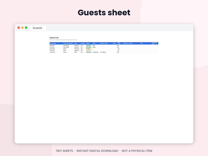 May include: A digital guest list spreadsheet template displayed in a browser window. The table features columns for guest name, party, RSVP status, meal choice, dietary needs, table assignment, address, and thank you note tracking.