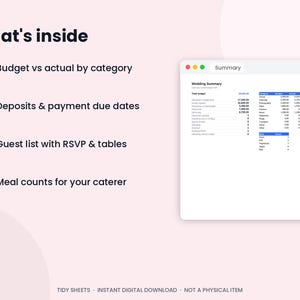 May include: A digital wedding planner spreadsheet interface featuring a summary table with budget, deposit, guest list, and meal count tracking. The text reads What's inside, followed by four numbered points and a Wedding Summary data chart.