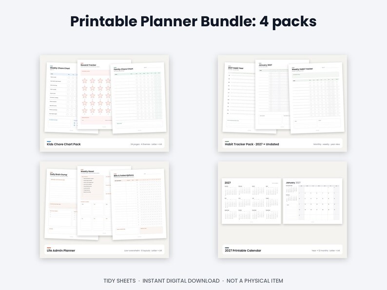2027 Planner Bundle: Calendar, Habit Tracker, Chore Chart, Admin Planner (Digital Download) image 1