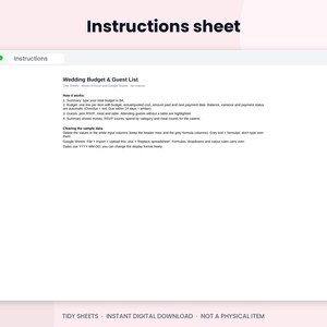May include: A digital instructions sheet for a wedding budget and guest list spreadsheet. The document includes sections titled How it works and Clearing the sample data, providing guidance on managing expenses, RSVP tracking, and data entry.