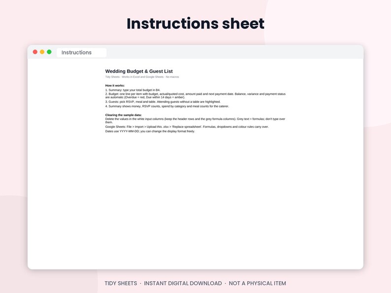 May include: A digital instructions sheet for a wedding budget and guest list spreadsheet. The document includes sections titled How it works and Clearing the sample data, providing guidance on managing expenses, RSVP tracking, and data entry.