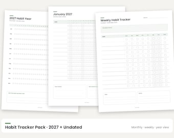 2027年習慣トラッカー（印刷可能、日付なし、月間・週間・年間ドット入り）（PDF）