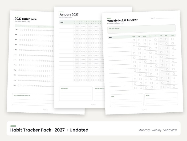 2027 Habit Tracker Printable, Undated Monthly Weekly Year-in-Dots (PDF) image 1