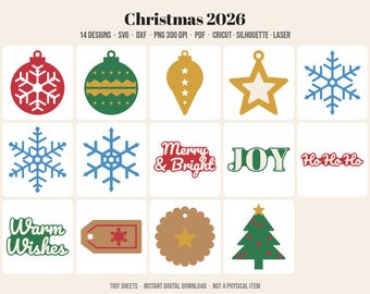 クリスマスSVGバンドル、14種類のデザイン、オーナメント、雪の結晶、フレーズ（デジタルダウンロード）
