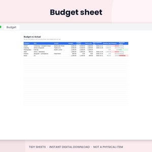 May include: A digital budget sheet template displayed in a window titled Budget. The spreadsheet is labeled Budget vs Actual and contains columns for category, item, vendor, budget, actual, paid, balance, and payment status with data.