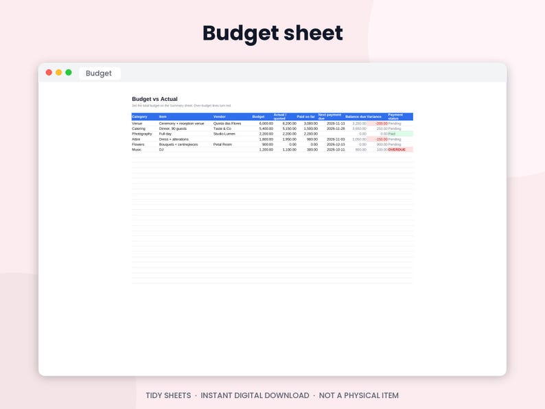May include: A digital budget sheet template displayed in a window titled Budget. The spreadsheet is labeled Budget vs Actual and contains columns for category, item, vendor, budget, actual, paid, balance, and payment status with data.