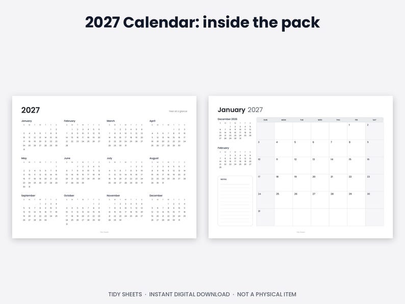 Minimalistisk väggkalender 2027, året i korthet, söndag/måndag start (digital nedladdning) bild 3