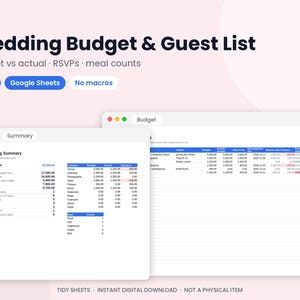 May include: A digital wedding budget and guest list template featuring a summary dashboard and detailed expense tracking tables. The interface displays columns for budget, actual costs, and payment status, compatible with Excel and Google Sheets.