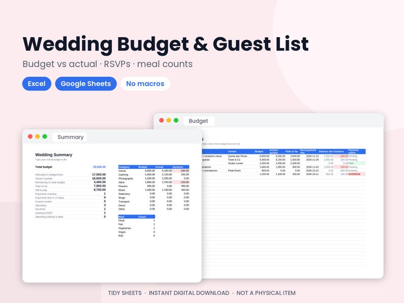 May include: A digital wedding budget and guest list template featuring a summary dashboard and detailed expense tracking tables. The interface displays columns for budget, actual costs, and payment status, compatible with Excel and Google Sheets.