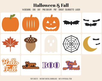 ハロウィン・秋のSVGバンドル、14種類のデザイン、カボチャ、コウモリ、幽霊、フレーズ（デジタルダウンロード）