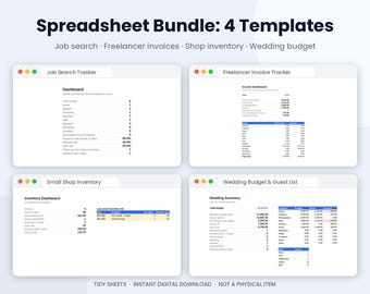 4-in-1 Spreadsheet Bundle: Job Search, Freelance Invoices, Inventory, Wedding Budget (Google Sheets & Excel)