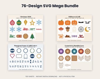 76-Design SVG Bundle: Christmas, Halloween, Monogram, Mandala (Digital Download)
