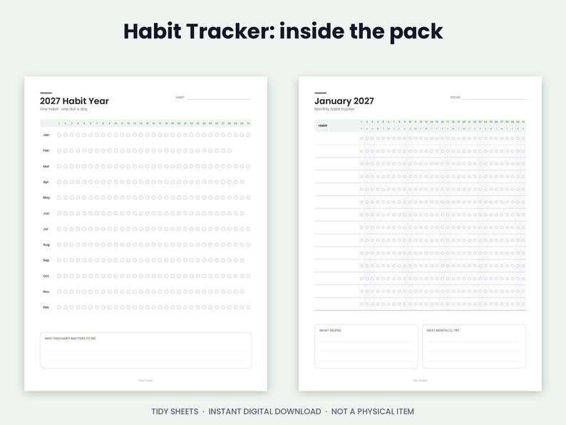 2027 Habit Tracker Printable, Undated Monthly Weekly Year-in-Dots (PDF) image 3