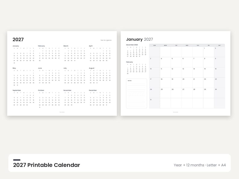 Minimalistisk väggkalender 2027, året i korthet, söndag/måndag start (digital nedladdning) bild 1