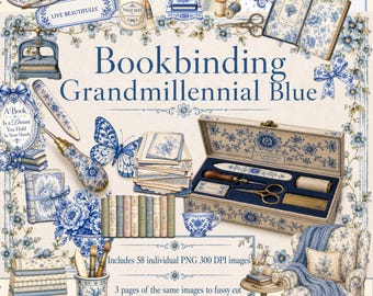 Bookbinding Clipart Bundle – Grandmillennial Blue Digital Download png pdf jpeg
