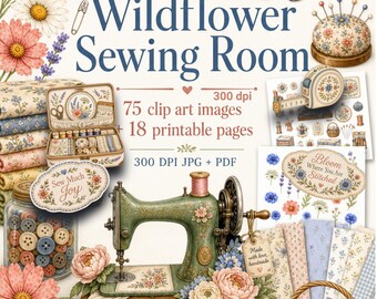 Wildflowers Sewing Room Digital Clipart Over 90 items sewing ephemera png pdf jpeg