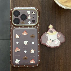 Brown Puppy Face Kawaii Phone Case Cartoon Mint Dot Party Hat Grip Charm Cover for iPhone 18 17 16 15 Pro Max, cherry, Gift for Her