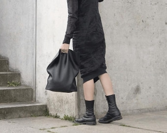 Black Leather Tote Bag by fluo, made of soft Leather in a minimalist elegant style