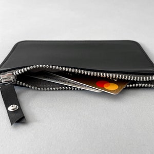 fluo purse small, minimalist black leather purse, black leather wallet with coloured zips, elegant leather purse, embossed leather purse