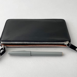 fluo double purse large, minimalist leather purse, black leather wallet with coloured zips, black leather purse, embossed leather purse