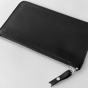 fluo purse large, minimalist leather purse, black leather wallet with coloured zips, black leather purse, embossed leather purse