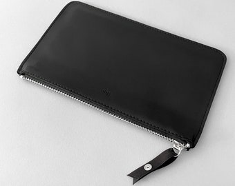 Minimalist Black Leather Purse: Large Embossed Wallet with Colored Zips