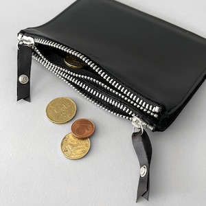 fluo double purse small, minimalist leather purse, black leather wallet with coloured zips, black leather purse, embossed leather purse